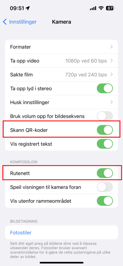 Innstillinger for kamera