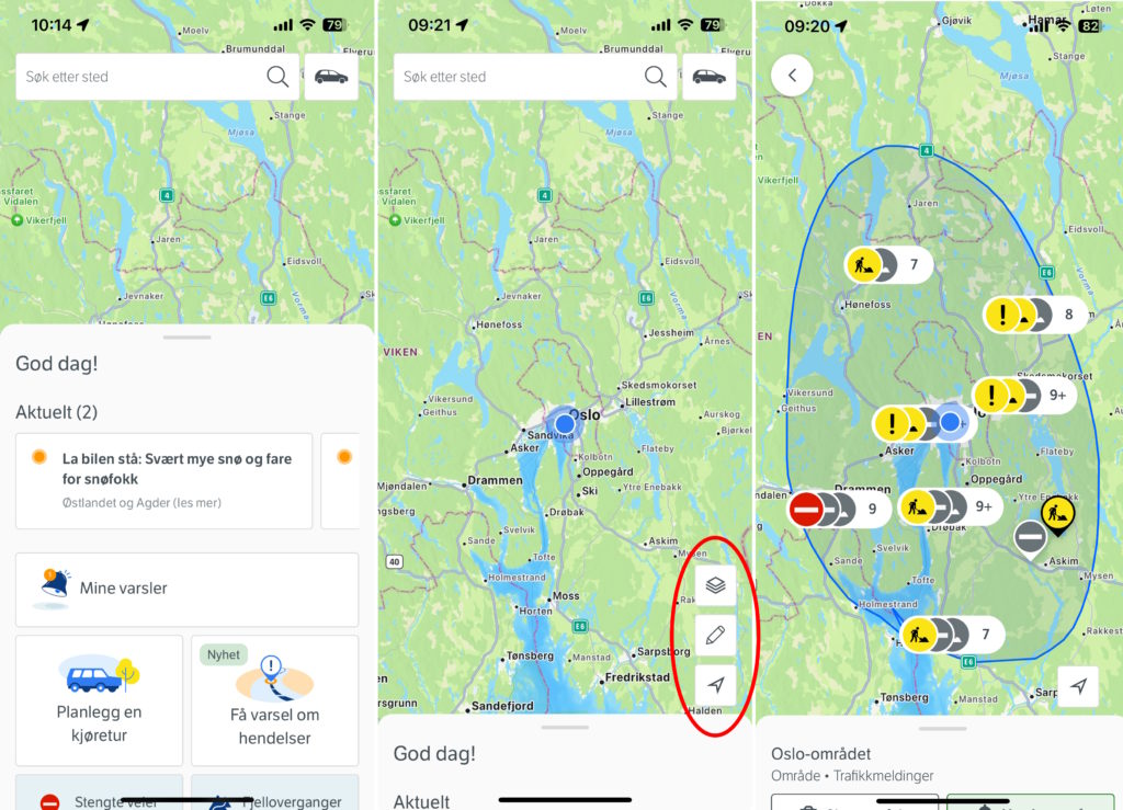 Tre skjermbilder fra Vegvesen appen, startskjerm, valg av verktøy og tegnet område