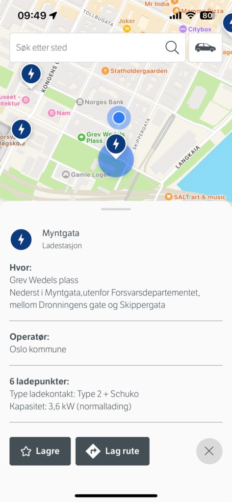 Skjermbilde av vegvesen app som viser detaljer for ladestasjon