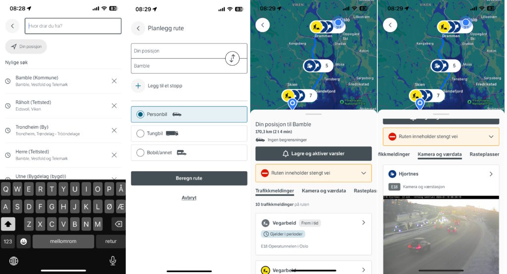 4 skjermbilder som viser hvordan man velger rute til et nytt mål