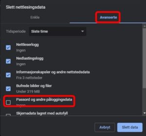 Fjern haken for passord og andre påloggingsdata