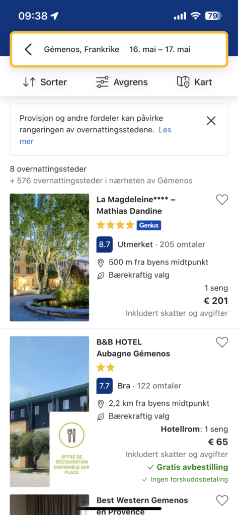 Skjermbilde av hvordan du viser hotell du har søkt etter