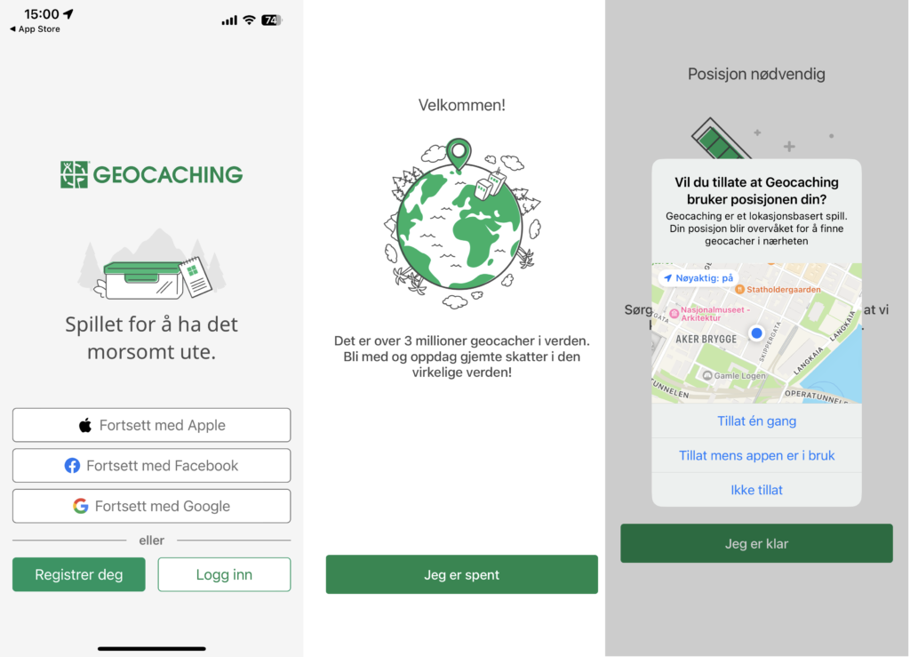 Skjermbilder trinn for trinn oppstart geocaching