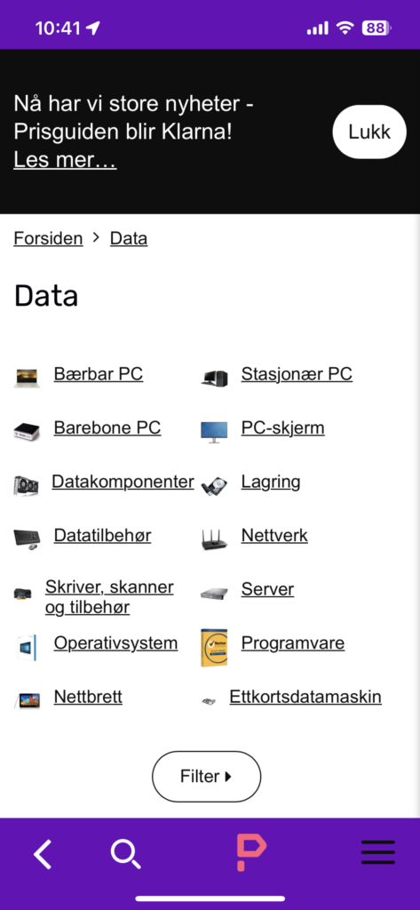 Skjermbilde av valgmuligheter under kategorien data