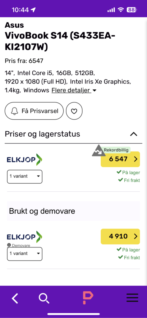 Skjermbilde som viser hvilke butikker som har valgt produkt