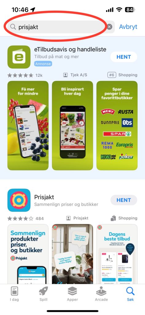 Skjermdump av søkeresultat i App Store