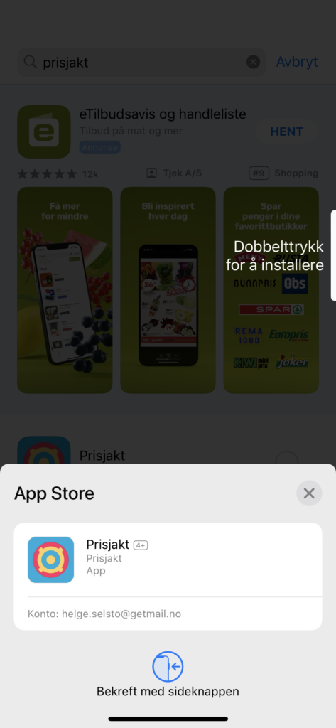 Skjermdump av App Store, der det er klart til å installere app