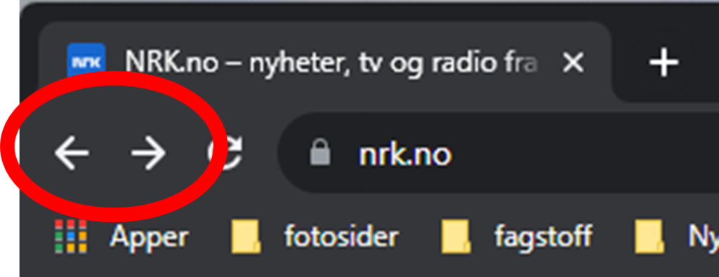 Utsnitt av nettleser med fokus på frem og tilbakeknappene