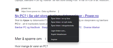 Utsnitt fra nettleser med lenke som det høyreklikkes på