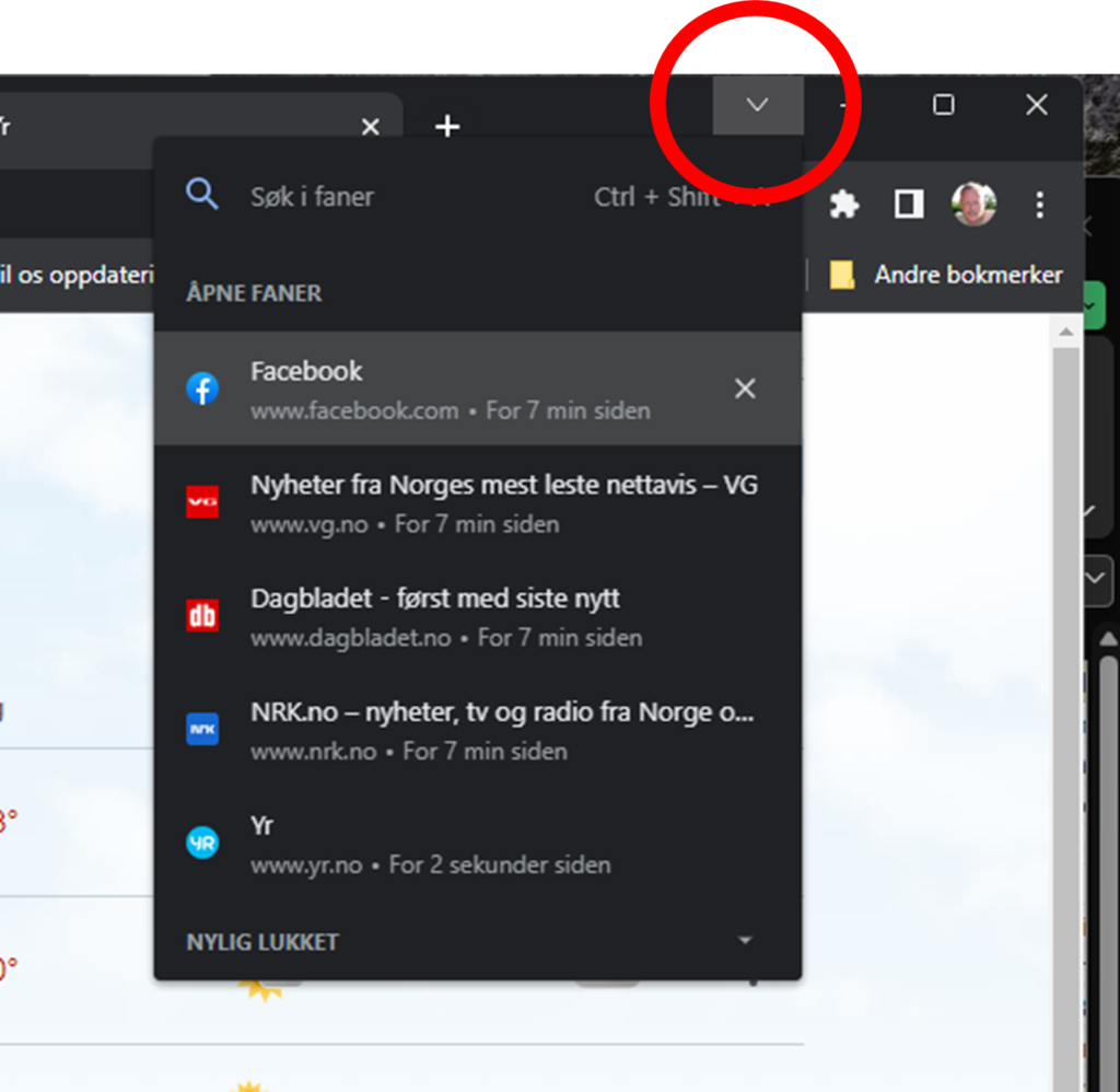Utsnitt fra nettleseren Chrome med meny for søk i åpne faner