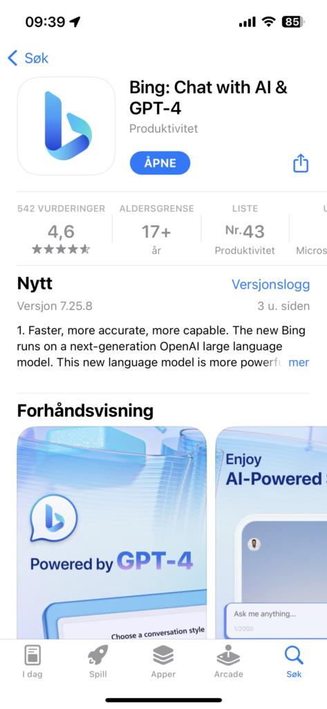 Skjermdump av Bing i app store