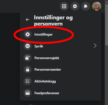 Skjermbilde av Innstillinger og personvernmenyen i Facebook