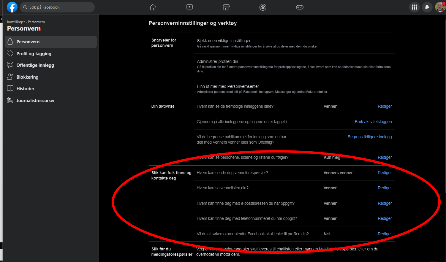 Skjermbilde av Personvern-innstillingene i Facebook