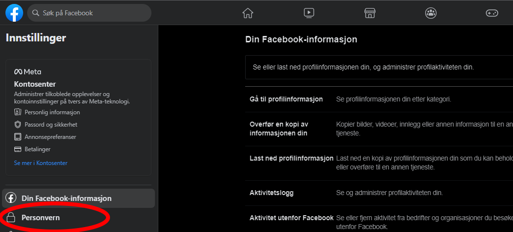 Skjermbilde av innstillinger i Facebook