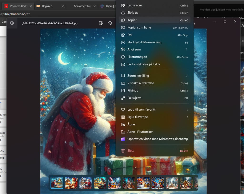 Skjermbilde som viser høyreklikksmenyen i bilder-appen