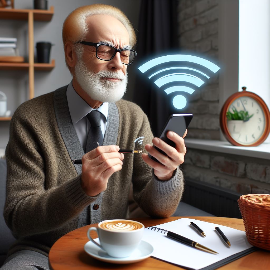 Senior som kobler seg på wifi (generert av kunstig intelligens)