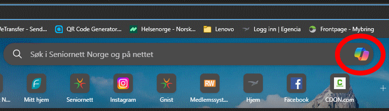 Utsnitt av nettleseren Edge med rød ring rundt Copilotsymbolet
