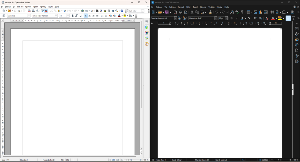 Skjermbilde av OPenOffice og Libre Office satt ved siden av hverandre