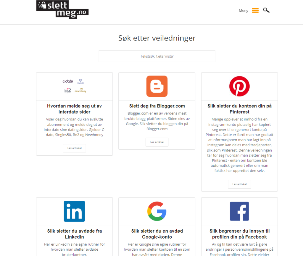 Skjermdump av veiledninger du kan finne på slettmeg.no
