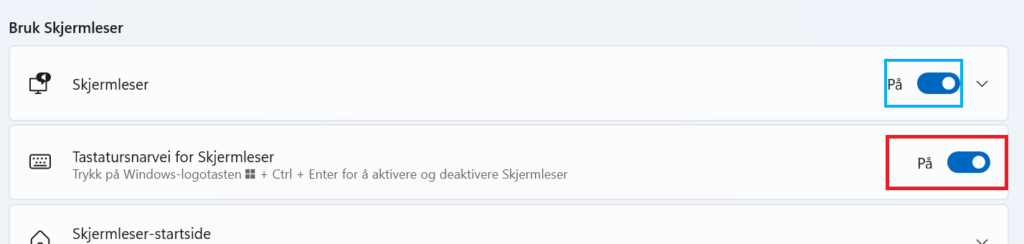 Skjermleser er aktivert