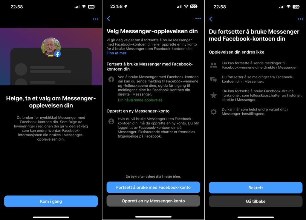 Skjermbilde av valg du må ta som allerede bruker messenger-appen