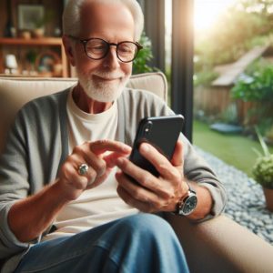 Mann sitter i en lenestol og trykker på en smarttelefon