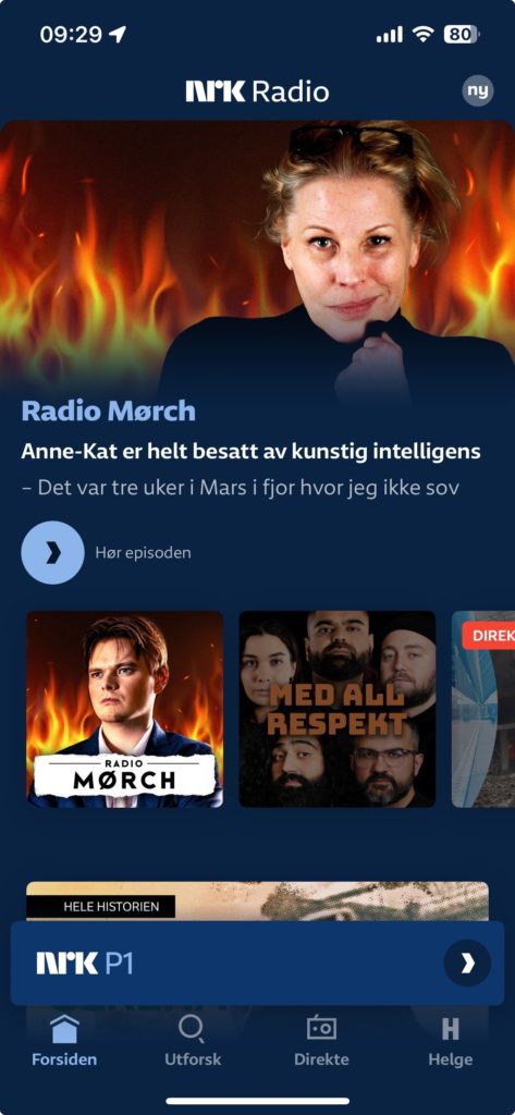 Skjermbilde av forsiden på NRK-appen