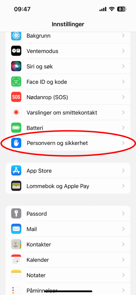 Skjermbilde som viser "Personvern og sikkerhet" under innstillinger