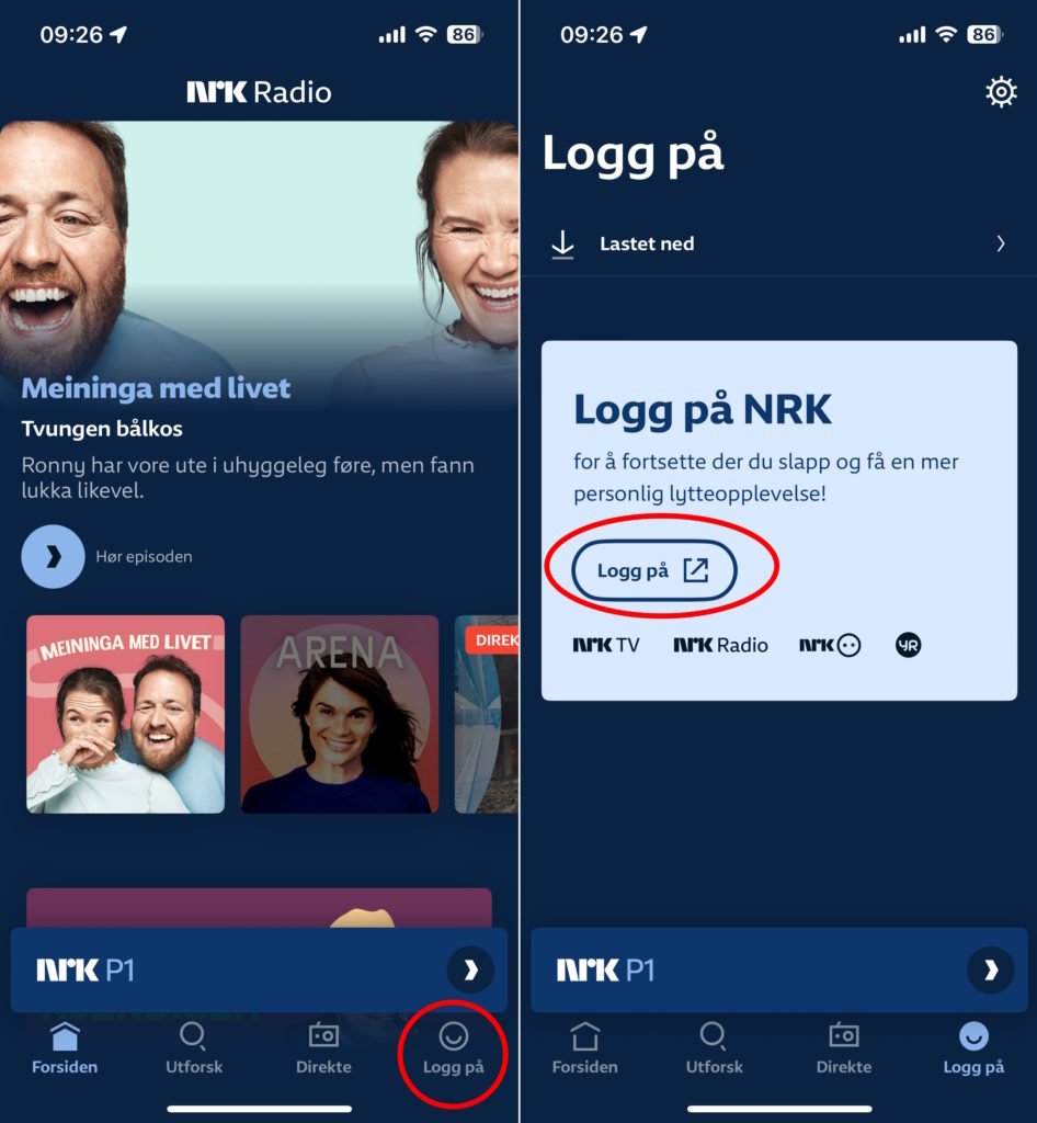 Skjermdump av logg på NRK-appen