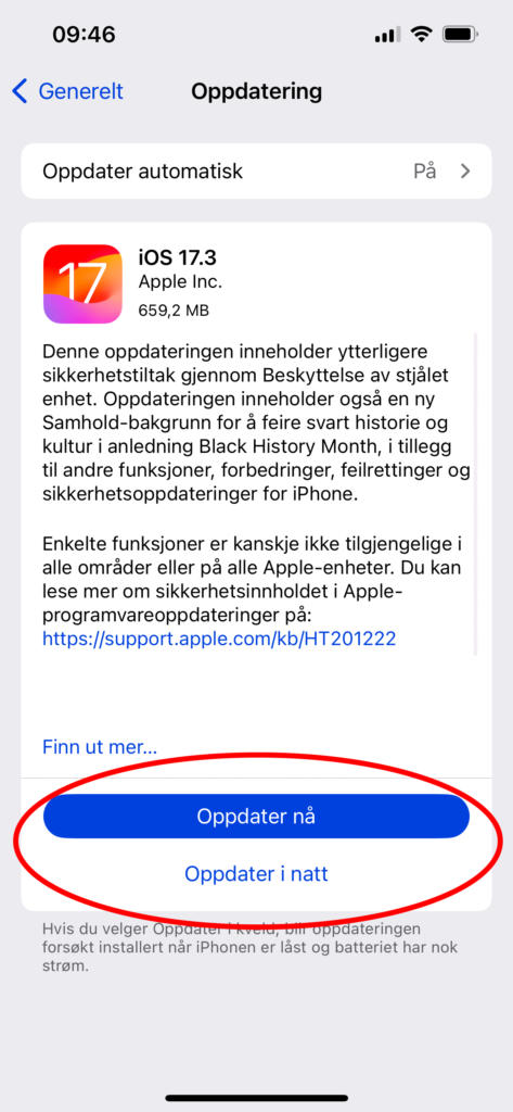 Skjermdump av tilgjengelig oppdatering til iPhone