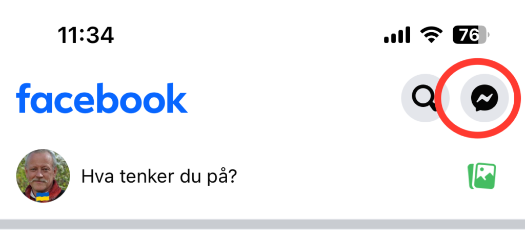 Skjermbilde fra Facebook med snarvei til Messenger