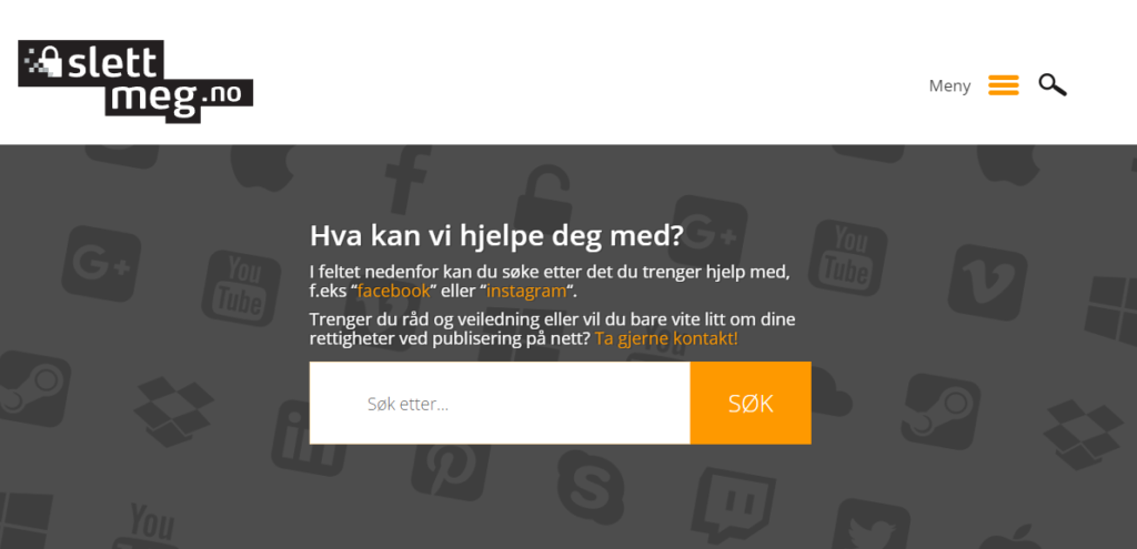 Forsiden til slettmeg.no med søkefelt i midten