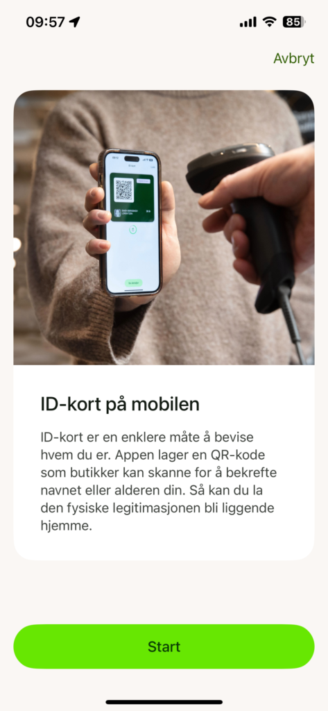 Skjermbilde som viser trinnene i det å aktivere ID-kort i BankID-appen