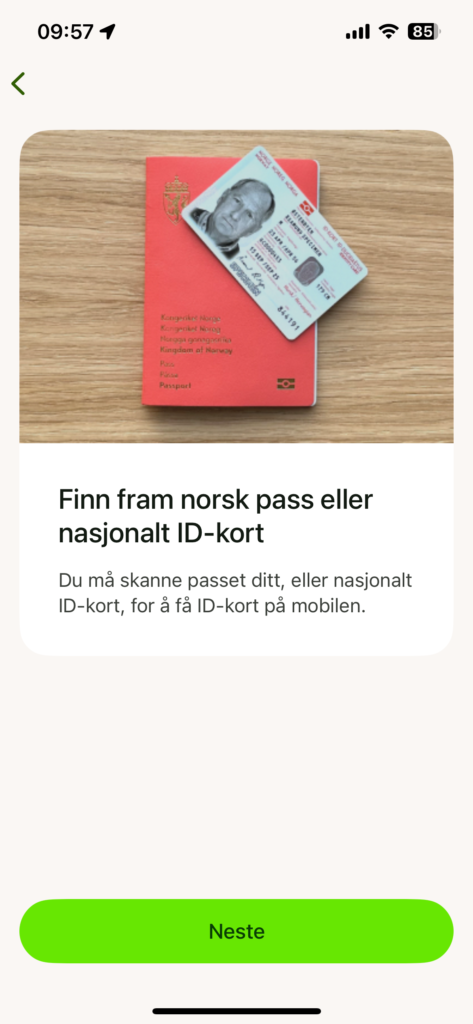 Skjermbilde som viser trinnene i det å aktivere ID-kort i BankID-appen