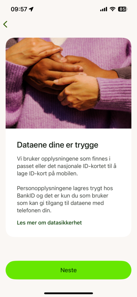 Skjermbilde som viser trinnene i det å aktivere ID-kort i BankID-appen