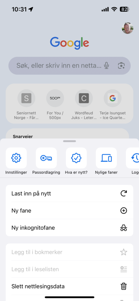 Skjermbilde av innstillinger i google Chrome på smartmobil