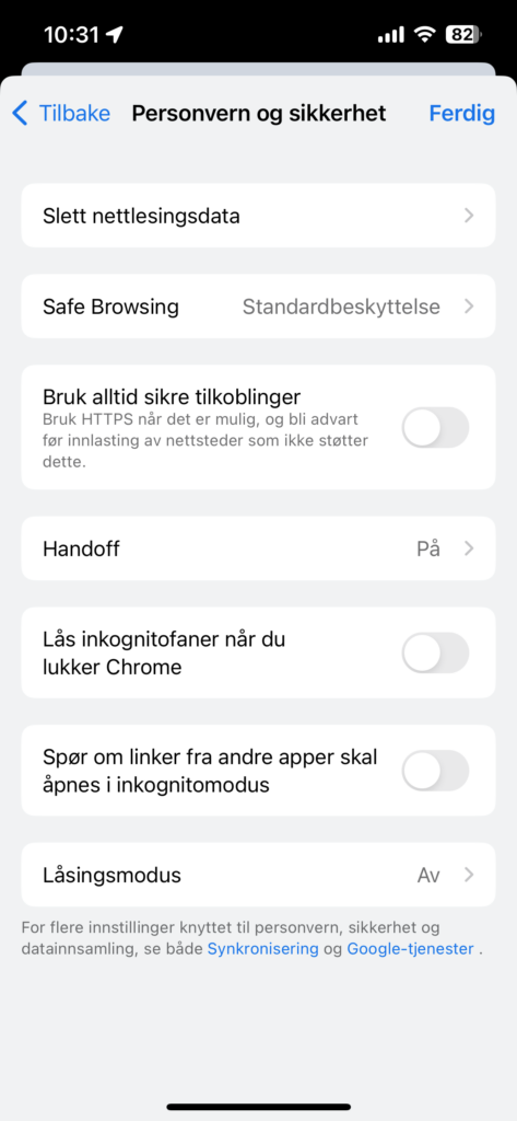 Skjermbilde Personvern og sikkerhet, velg Safe browsing her