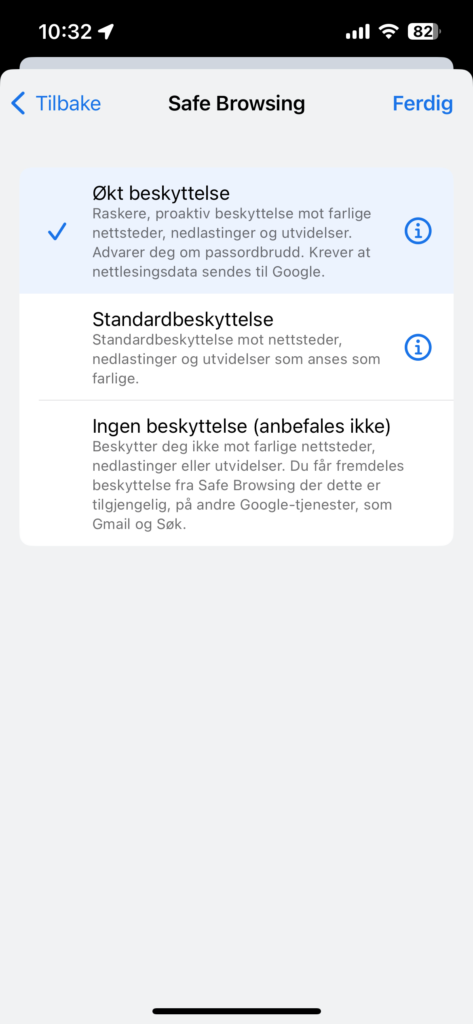 Skjermbilde Safe browsing, slå på Økt beskyttelse her