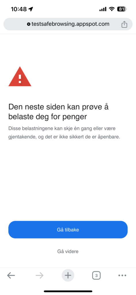 Skjermbilde som viser advarsel i google Chrome