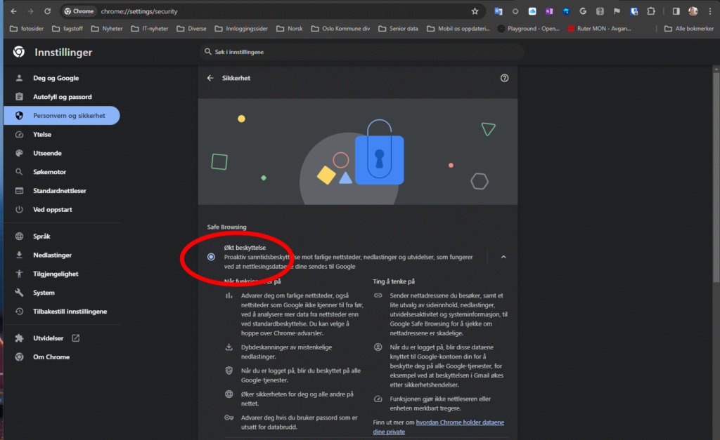 Skjermdump av økt beskyttelse i Chrome