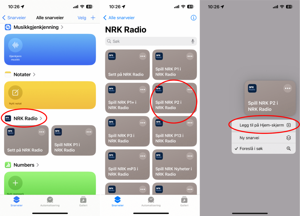 Tre skjermbilder som viser hvordan legge snarvei til NrK P2 på hjemskjermen