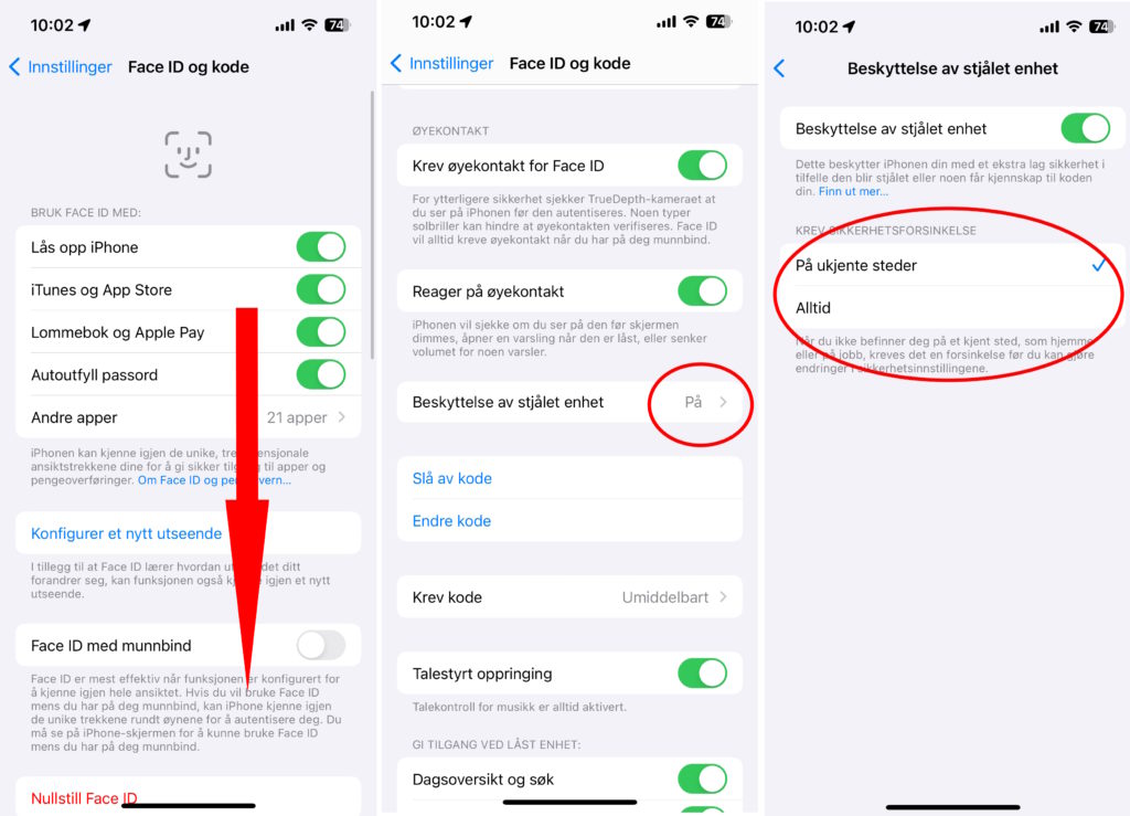 Skjermbilde av FaceID og kode under innstillinger på iPhone