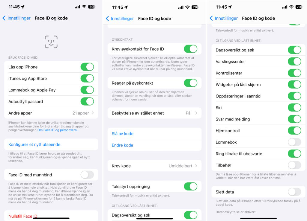 Skjermbilde av FaceID og kode