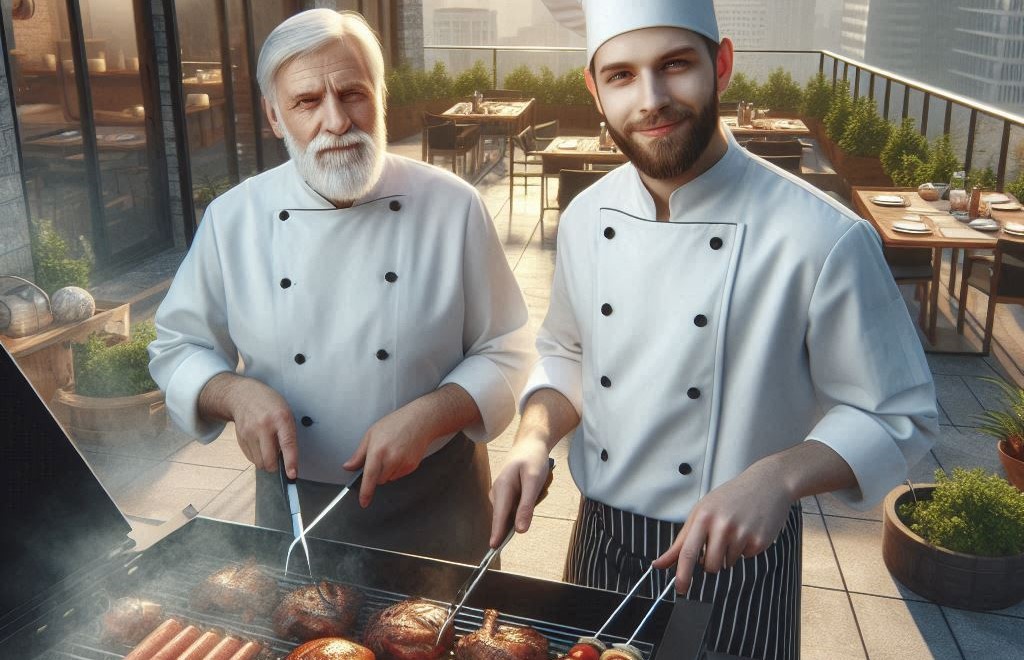 To kokker står ute og griller, fremstilt med kunstig intelligens