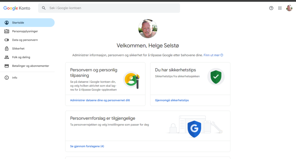 Det første bildet du kommer til når du administrerer google kontoen din