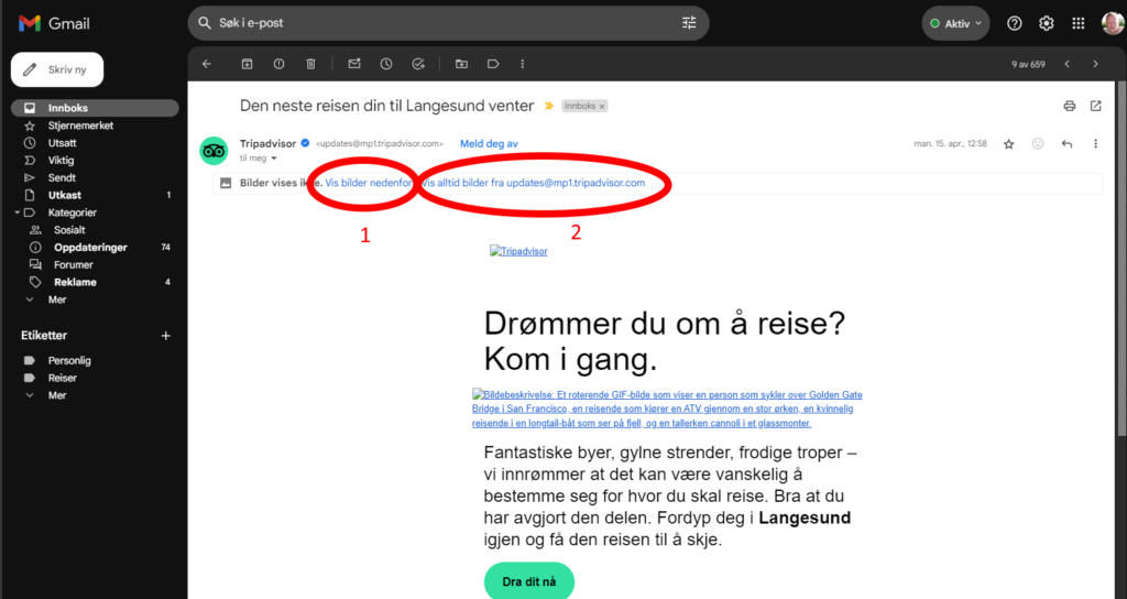 Skjermbilde av e-post i gmail uten at bilder er lastet ned