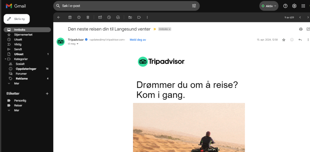 Skjermbilde i gmail, der bilder er lastet ned