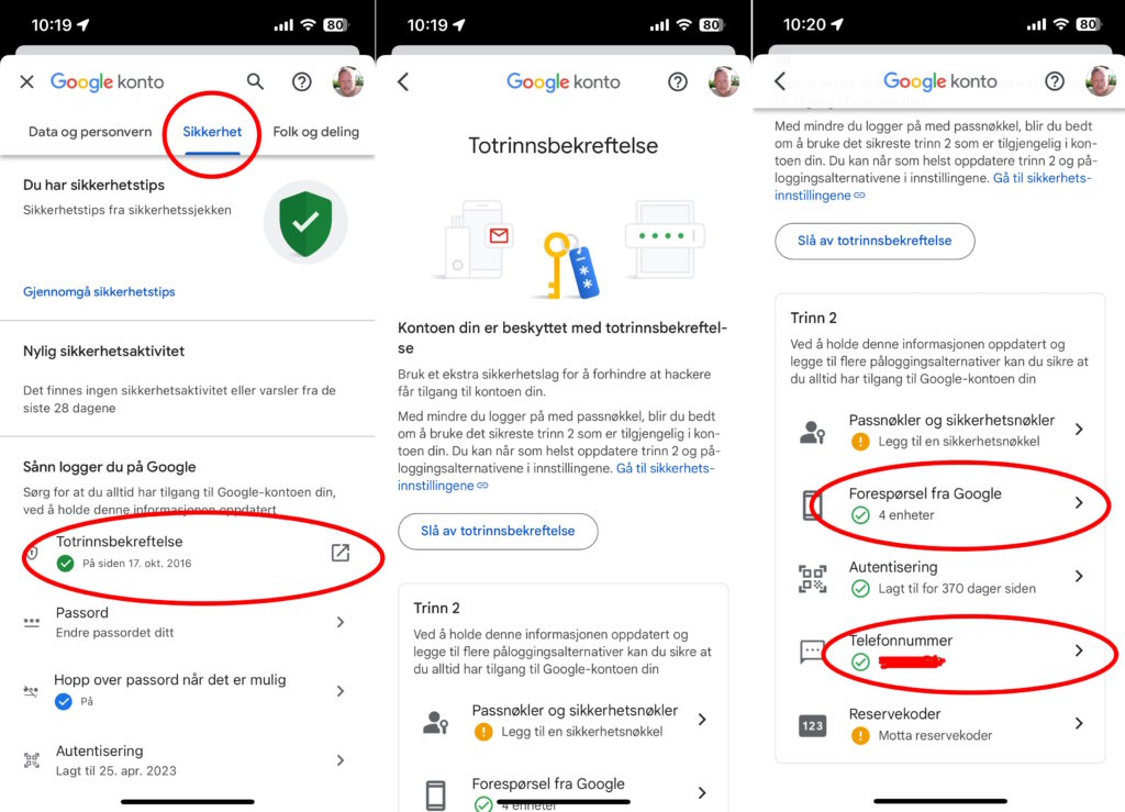 Tre bilder av totrinnspålogging google