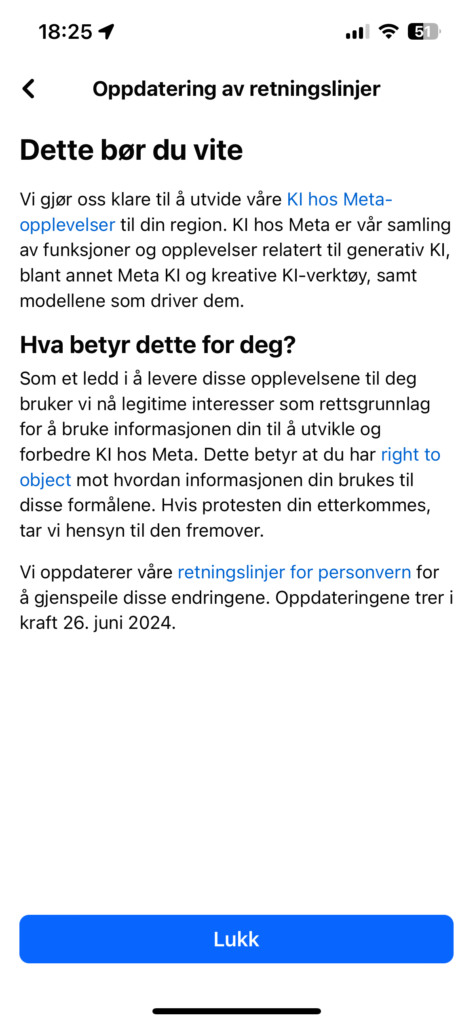 Skjermdump av melding alle får fra Meta om endring på grunn av hvordan Meta skal bruke innhold i dine innlegg