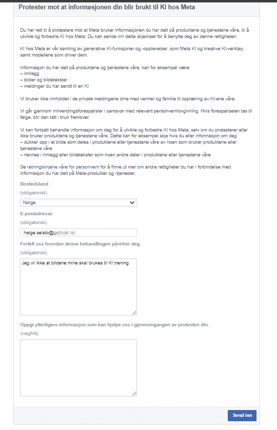 Skjermdump av skjema for å protestere mot Metas bruk av dine bilder og innlegg til å trene KI-modellen